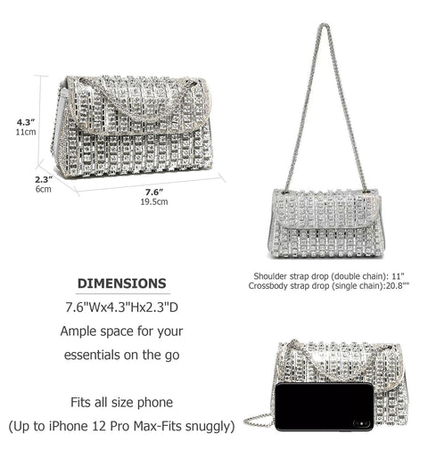 Sweetovo Rhinestones Clutch Purses for Women Chain Shoulder Bags Sparkly Evening Bags Handbags for Cocktail Prom Party Wedding(Silver) Sweetovo