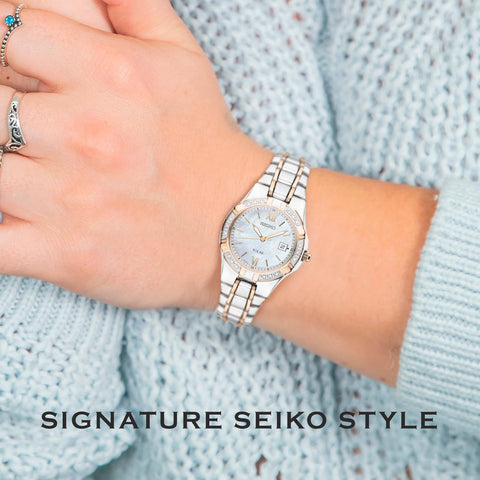 SEIKO SUT068 Watch for Women - Diamond Collection - with 18 Diamond Accents, Solar Power, Mother-of-Pearl Dial, Two-Tone Rose Gold Stainless Steel Case & Bracelet, and Water-Resistant to 50m SEIKO