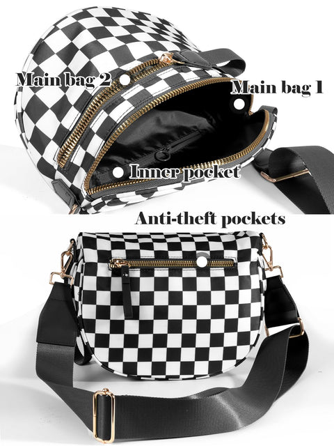 Black and White Checkered Crossbody Bum Bag for Women,Spacious Checkered Purse Fanny Packs Belt Bag Sling Bag with Shoulder Strap (Black and White Checkered)