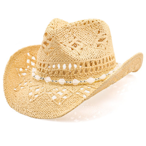 WQWOVRVO Cowboy Hat,Cowgirl Hat,Cowboy Hats for Women/Mens/Straw Wide with Shapeable Brim Cowboy Hats for Womens/White/Black/Beige (Beige+White)