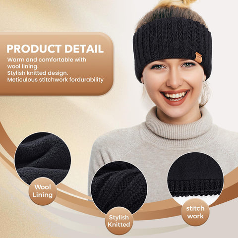 MUTKIS Winter Headbands for Women 3 Pack, Ear Warmers for Women Headband Wool Knit Thick Fleece Lined, Cold Weather Warm Ear Muffs(Black&Beige&Dark Gray) MUTKIS