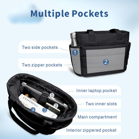 TOPDesign Puffer Tote Bag for Women, Lightweight Puffy Handbag with Compartments & Cosmetic Bag, Quilted Shoulder Bags for Work, Travel, Gym, Gifting (M Black)