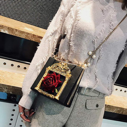 QZUnique Women Love Angel Floral Evening Bag Rose Embossed Formal Purse Clutch Black Gold Crossbody Pearl Chain Shoulder Bag QZUnique