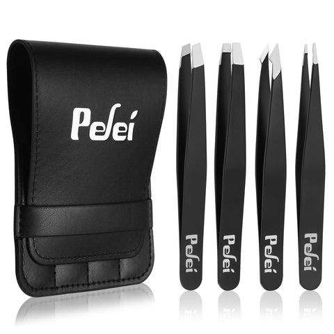 Pefei Tweezers Set - Professional Stainless Steel Tweezers for Eyebrows - Great Precision for Facial Hair, Splinter and Ingrown Hair Removal (Black) Pefei