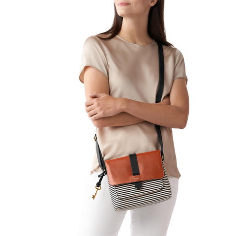 Fossil Women's Kinley Leather & Fabric Small Crossbody Purse Handbag, Black Stripe (Model: ZB7226080) Fossil