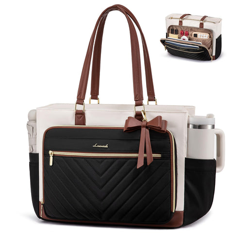 LOVEVOOK Teacher Tote Bag for Women, Work Bags Laptop Bag with Large Cup Holder, Quilted Nurse Bag Diaper Tote with Multi-Pockets, Large Computer Handbag Purse for Bussiness Travel, Office, College