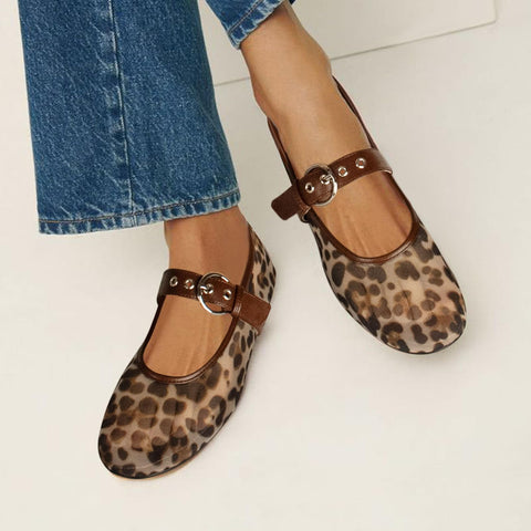 Gothictor Leopard Flats for Women Mesh Flats Ballet Flats Mary Jane Flats Women's Dress Shoes Ballet Shoes Brown,8