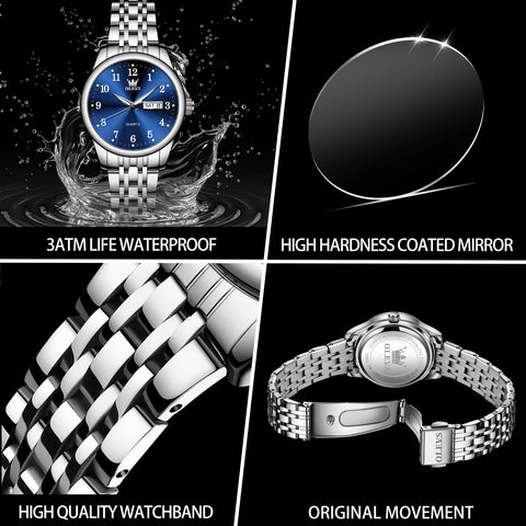 OLEVS Small Women Watch Silver Watches for Women Blue Dial Stainless Steel Easy Read Wrist Watches Day Date Classic Dress Analog Quartz Waterproof Ladies Arabic Numeral Reloj de Mujer