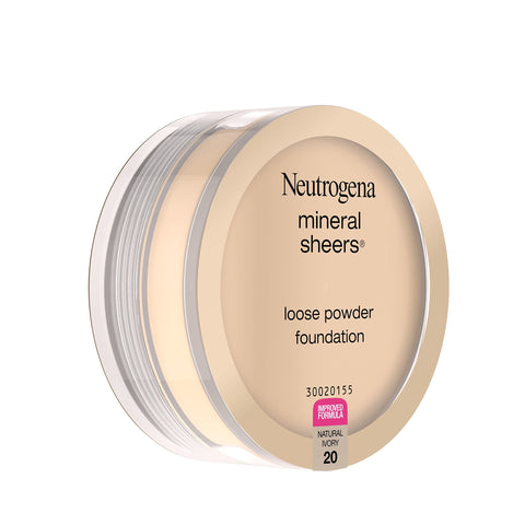 Neutrogena Mineral Sheers Loose Powder Makeup Foundation, Lightweight Face Makeup, Sheer to Medium Buildable Coverage, Sensitive Skin Foundation with Vitamins A, C, & E, Natural Ivory 20, .19 oz