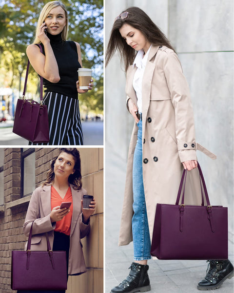 LOVEVOOK 15.6 Inch Laptop Bag for women, Large Waterproof PU Leather Work Briefcase with USB Charging Port Casual Computer Shoulder Messenger Fashion Business Office Tote Handbag Purse, Purple LOVEVOOK