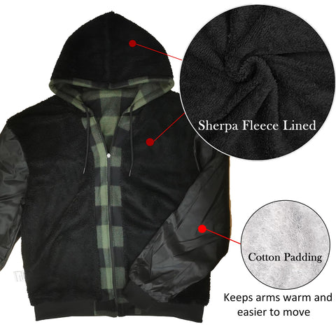 Genafy Mens Green Sherpa Lined Hoodie, Fleece Plaid Sweatshirt Full Zip Work Hoodies for Men Flannel Oversized Winter Heavyweight Men's Warm Fashion Thermal Hooded 5XL