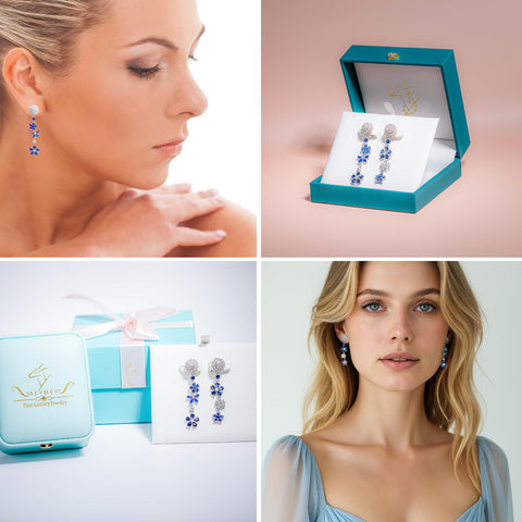 Mismatched Moissanite Earrings for Women – 102 Stones with Sapphire, Tanzanite & Cubic Zirconia – Sterling Silver Dangle Earrings – Unique Gift for Her, Graduation, Birthday, Valentine’s Day