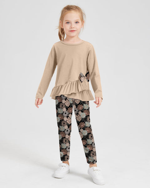 SOLOYEE Toddler Girl Clothes 5T 6T Girls Fall Winter Outfit, Long Sleeve Ruffle Bowknot Top + Floral Pants 2Pcs Clothing Set (Khaki, 5-6T)