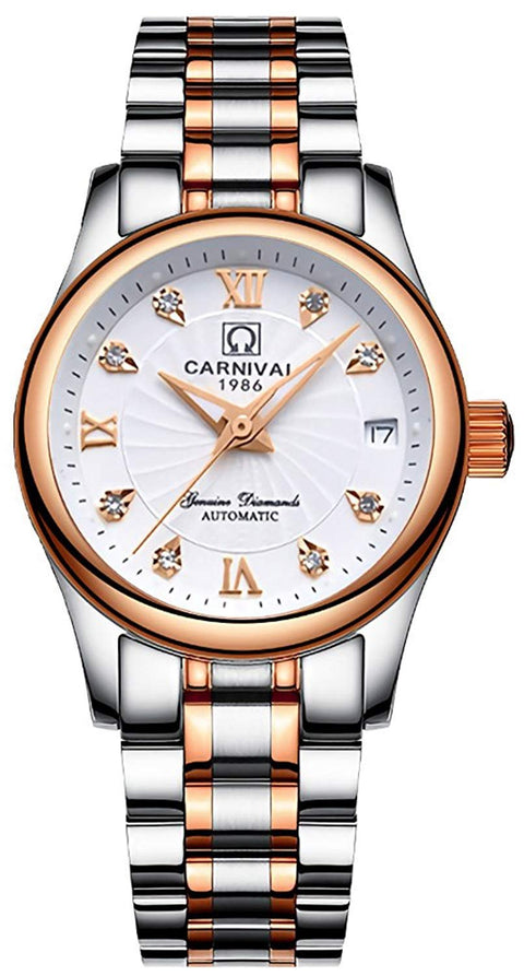 Gosasa Automatic Watch Fashion Women's Analog Watches Stainless Steel Link Waterproof Ladies Luxury Dress Watch (White) Gosasa
