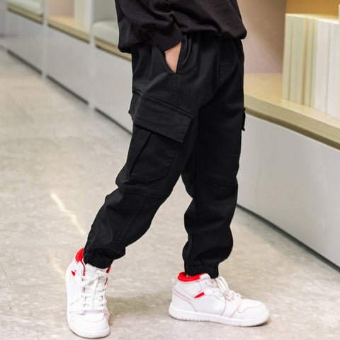 Boys Cargo Pants Cotton Casual Pants Elastic Waist Hiking School Uniform Sweatpants Joggers (Black, 10-12)
