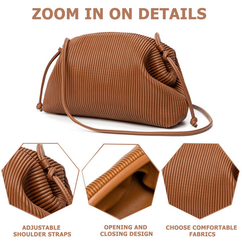 KingTo Clutch Purses for Women, Soft Cloud Bag Fashion Dumpling with Ruched Pouch Handbag for Crossbody Shoulder (brown) KingTo