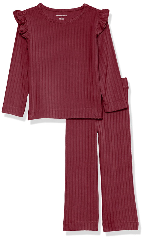 Amazon Essentials Girls' Wide-Rib Outfit Set, Pack of 2, Dark Red, Small
