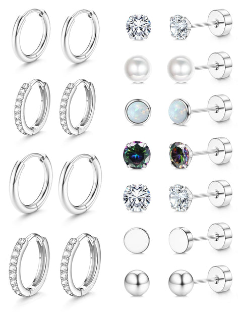 Jstyle Hypoallergenic Silver Stud Hoop Earrings for Women Small Flat Back Surgical Stainless Steel Earrings for Sensitive Ears Trendy Silver Hoops Cartilage Earring Stack Set Multiple Piercing Jewelry