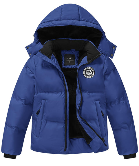 RBYEKP Winter Ski Coat for Kids Warm Lining Boys Thermal Puffy Jackets with Removeable Hood Ski Puffer Coat for Youth Zipper Dark Blue L (10-12)