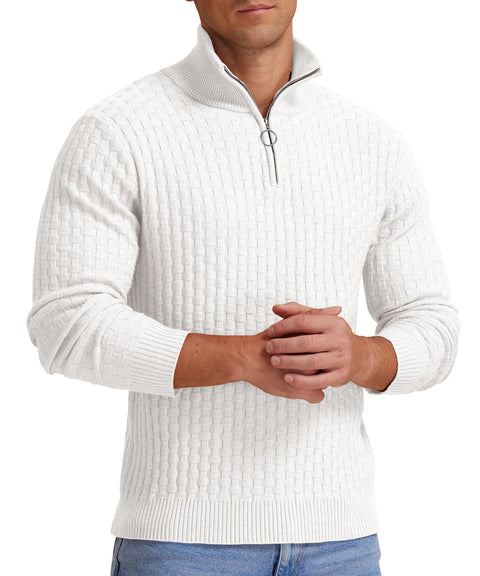 Askdeer Men's Quarter Zip Sweater Waffle Knit Sweater Mock Neck Polo Sweater Soft Casual Pullover Sweater with Ribbing Edge White