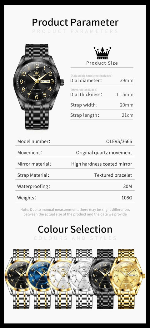 OLEVS Black Watches for Men Classic Business Dress Large Number Analog Watch Waterproof Luminous Easy Reader Male Wristwatch