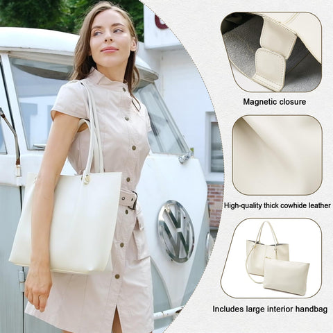 FOXLOVER Women's Soft PU Leather Tote Bag for Women Big Capacity Shoulder Bag Ladies Top Handle Satchel Handbags and Purse (White) FOXLOVER