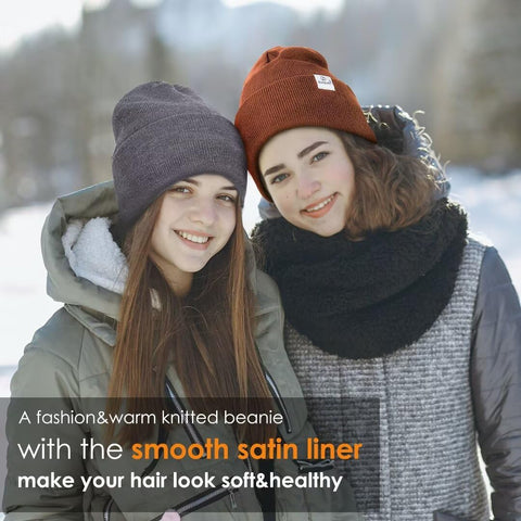 3 Pack Satin Lined Winter Beanie Hats for Women Men,Silk Lined Beanie Knit Soft Warm Cuffed Hat(Black+Dark Gray+Caramel) SENPUKI