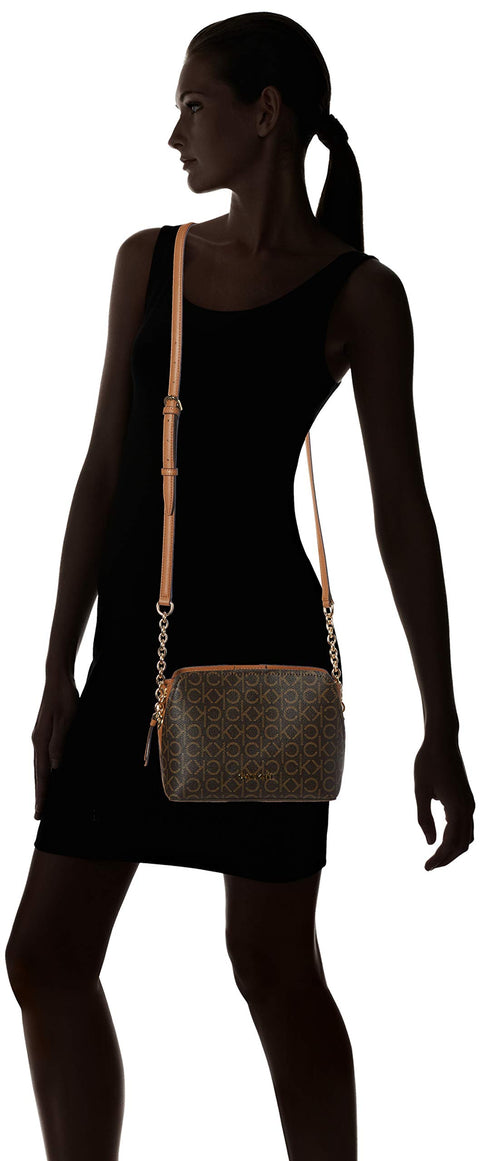 Calvin Klein Hailey Signature Triple Compartment Chain Crossbody, Brown/Khaki/Caramel Linear Calvin Klein