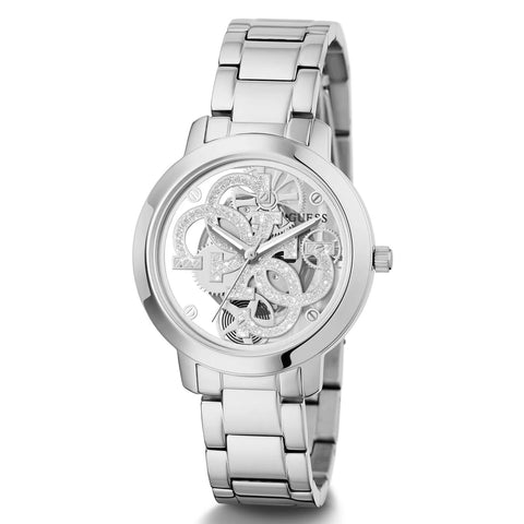 GUESS Ladies Trend Clear 36mm Watch – Glitz Dial with Silver-Tone Stainless Steel Case & Bracelet GUESS