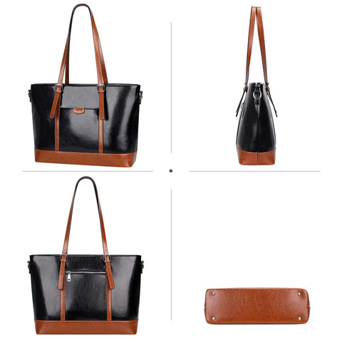 Over Earth Leather Tote Bag for Women Large Leather Handbags Shoulder Work Purses(O187E Black/Brown) Over Earth