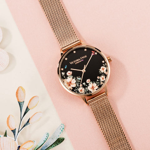 VICTORIA HYDE Analog Quartz Women Watches Rose Gold Stainless Steel Mesh Band Casual Dress Floral Dial Wristwatch for Lady VICTORIA HYDE