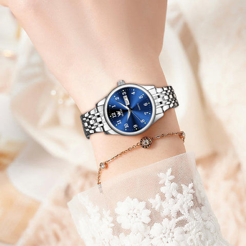 OLEVS Small Women Watch Silver Watches for Women Blue Dial Stainless Steel Easy Read Wrist Watches Day Date Classic Dress Analog Quartz Waterproof Ladies Arabic Numeral Reloj de Mujer