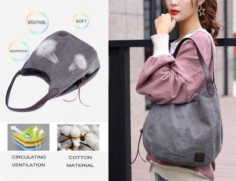 DOURR Women's Multi-pocket Shoulder Bag Fashion Cotton Canvas Handbag Tote Purse (Gray - Medium Size)