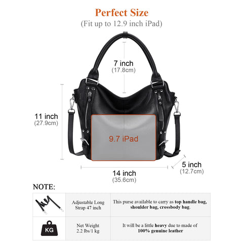 Over Earth Genuine Leather Handbags for Women Hobo Shoulder Bag Ladies Leather Tote Bag(O172E Black) Over Earth