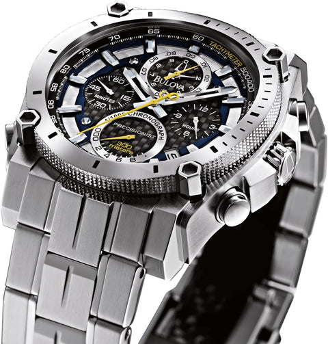 Bulova Men's Precisionist in Stainless Steel with 8-Hand Chronograph Watch, Blue and Yellow Accents, Black Dial Style: 96B175 Bulova
