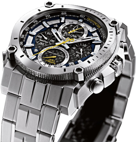 Bulova Men's Precisionist in Stainless Steel with 8-Hand Chronograph Watch, Blue and Yellow Accents, Black Dial Style: 96B175 Bulova