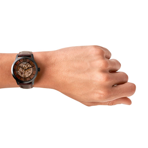 Fossil Men's Townsman Automatic Stainless Steel and Leather Three-Hand Skeleton Watch, Color: Black, Cognac (Model: ME3098) Fossil