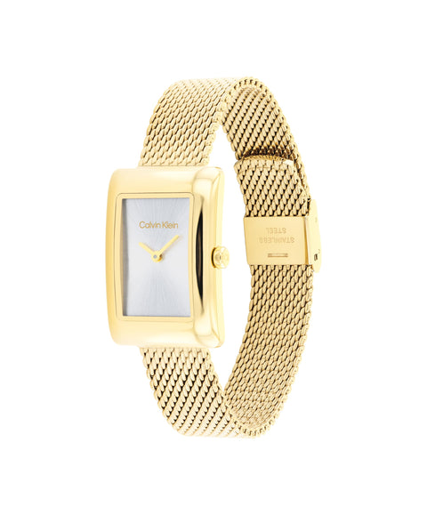 Calvin Klein Women's CK Styled Wristwatch, Gold Plated, Mesh Bracelet, Rectangular Case, Feminine Look, (Model:25200396) Calvin Klein