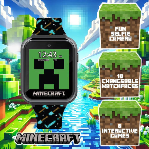 Minecraft Kids Smart Watch - Interactive Touchscreen with Games, Camera, Step Counter, Alarm, Timer, Voice Recorder, and Cool Minecraft Silicone Strap - Fits Wrists 5.5" to 8.0"