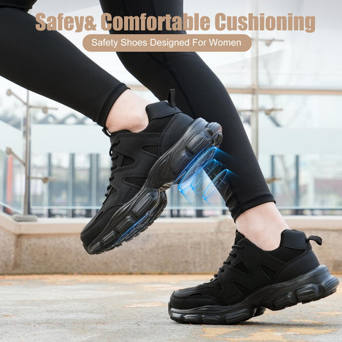 Steel Toe Shoes for Women Men Wide Non Slip Composite Work Sneakers Indestructible Comfortable Safety Tennis Shoes Lightweight Breathable Construction Sneakers Puncture Proof Ergonomic Design Black