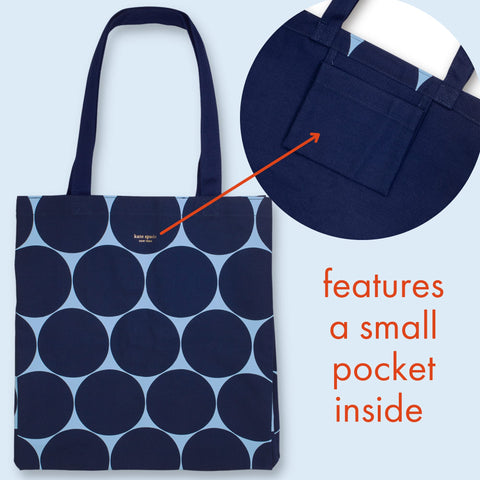 kate spade new york Canvas Tote Bag for Women, Cute Tote Bag for Teacher, Blue Canvas Beach Bag, Book Tote with Pocket, Joy Dot