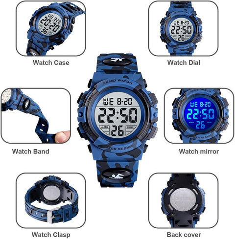 Kids Digital Watch Boys Outdoor Sports 50M Waterproof Girls Watches Alarm Clock 12/24 H Stopwatch Calendar for Ages 3-15 Boy Girl Wristwatch Kids Gift,Camo Dark Blue X