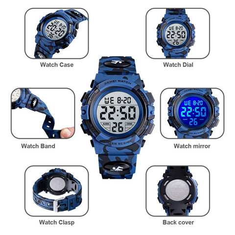 Kids Digital Watch Boys Outdoor Sports 50M Waterproof Girls Watches Alarm Clock 12/24 H Stopwatch Calendar for Ages 3-15 Boy Girl Wristwatch Kids Gift,Camo Dark Blue X