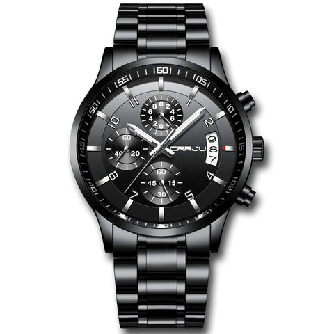 CRRJU Men's Black Watch Fashion Business Chronograph Quartz Wristwatches,Luxury Stainsteel Steel Band Waterproof Watch for Men CRRJU