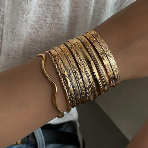 KISS WIFE Golden Bangles for Women, Adjustable Bangle Bracelets, Multi Layer Open Stackable Cuff Bracelet Set, Fashion Accessories Jewelry Gifts for Women (Golden-11)