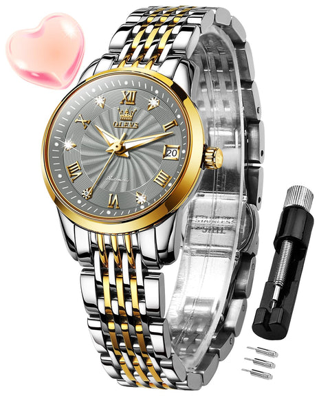 OLEVS Womens Automatic Watch Diamond Fashion Luxury Dress Mechanical Self Winding Stainless Steel Ladies Wrist Watches for Women Luminous Waterproof OLEVS