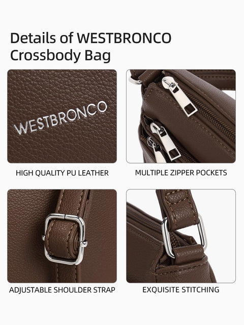 WESTBRONCO Crossbody Bags for Women, Medium Size Shoulder Handbags, Satchel Purse with Multi Zipper Pocket Coffee
