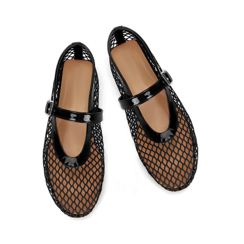 DOEYG Black Mesh Ballet Flats for Women Round Toe Mesh Flats Ballet Shoes Buckle Strap Mesh Mary Jane Flats Comfy Casual Office Summer Fishnet Ballerina Flats Shoes