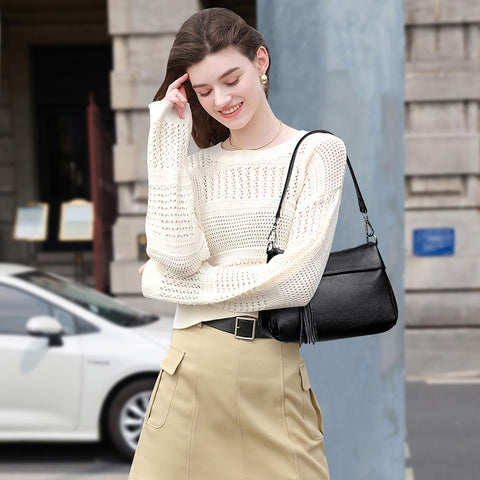 Over Earth Genuine Leather Handbags for Women Crossbody Purse Ladies Small Hobo Shoulder Bag(O111-2E Black) Over Earth