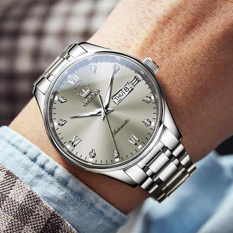 OLEVS Self Winding Watch for Men Automatic Mechanical Watches Luxury Stainless Steel Luminous Waterproof Calendar Mens Watch Silver Band Grey Dial OLEVS